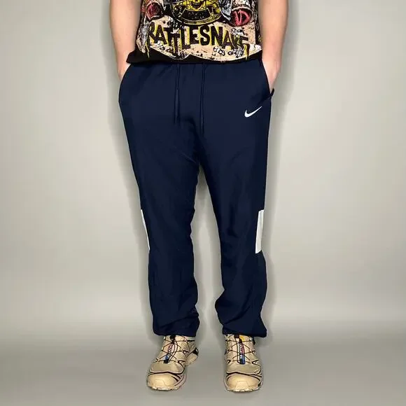 Vintage Y2K Nike Track Pants Mens L Navy Blue White Swoosh Polyester Sweatpants - Picture 2 of 4